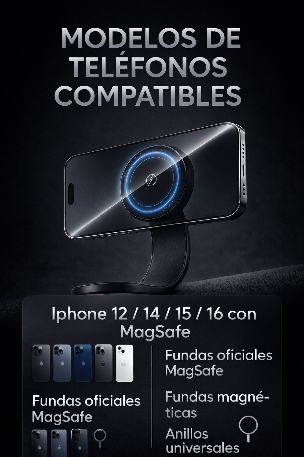 Soporte de carga inalámbrico magnético de aleación de titanio con luz colorida para coche